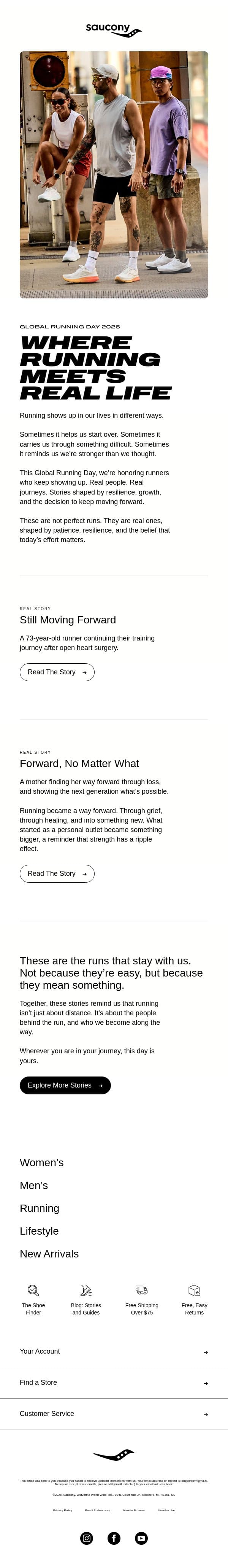 Stories That Move Us | Global Running Day 2026 email from Saucony screenshot