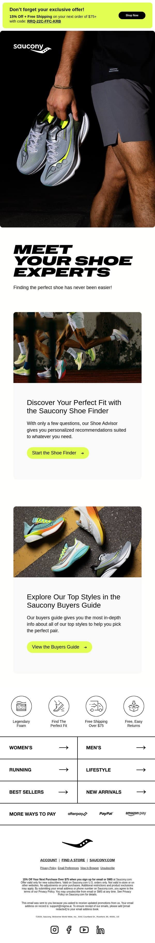 Find your perfect shoe in minutes email from Saucony screenshot