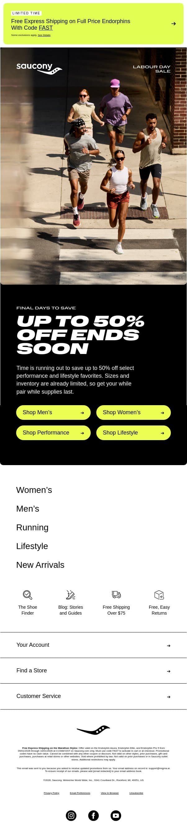 Labor Day Sale Ends Tonight! 🚨 email from Saucony screenshot