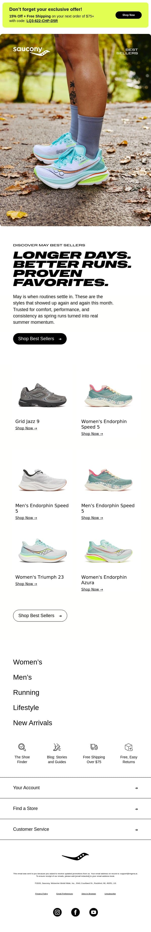 May’s Best Sellers, Mile‑After‑Mile email from Saucony screenshot