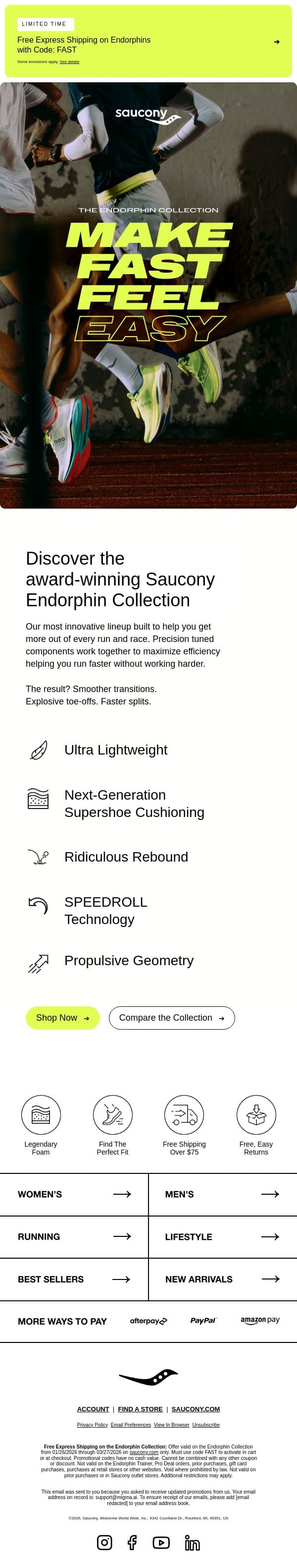 Make fast feel easy email from Saucony screenshot
