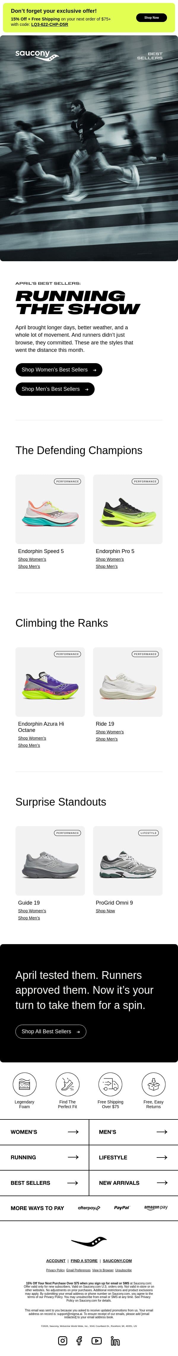 April Showers Bring Best Sellers email from Saucony screenshot