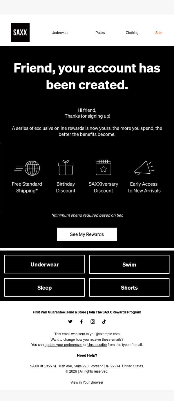 Thank you for signing up, friend! email from SAXX screenshot