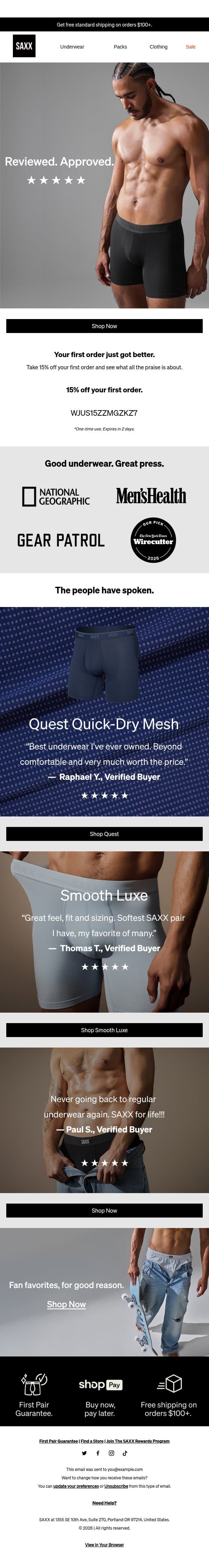 The reviews are in. Save 15%. email from SAXX screenshot