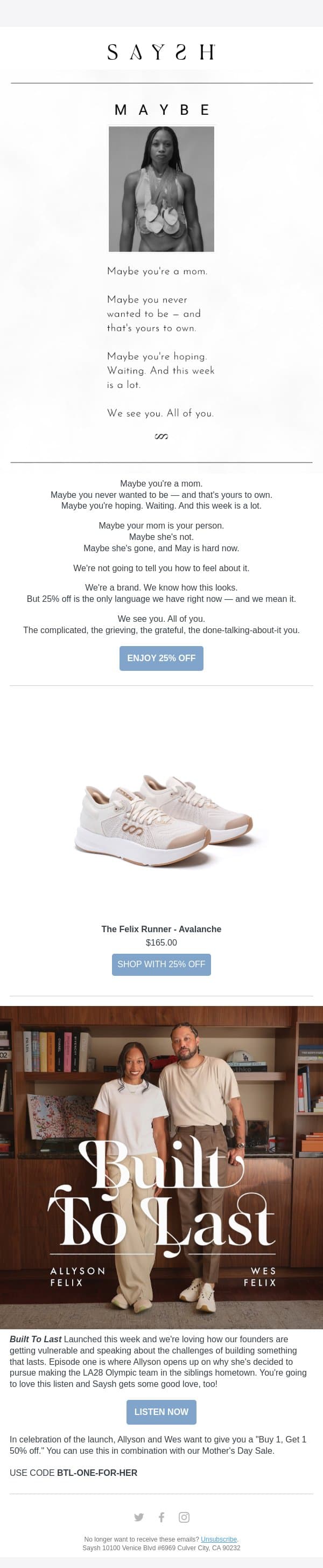 You Deserve 25% Off email from Saysh screenshot