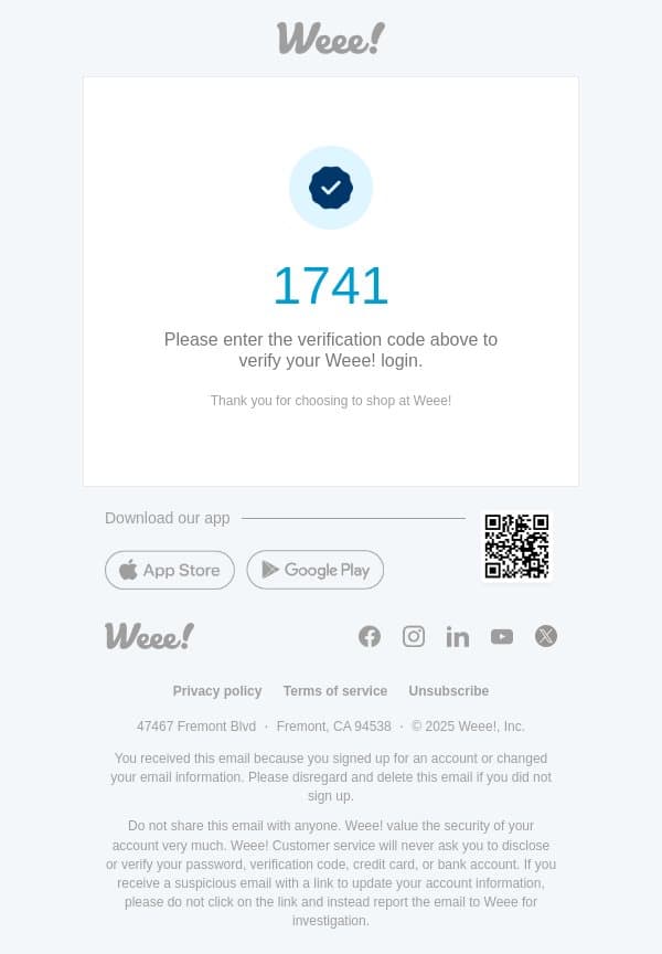 Your Weee! Verification Code : 1741 email from Sayweee screenshot