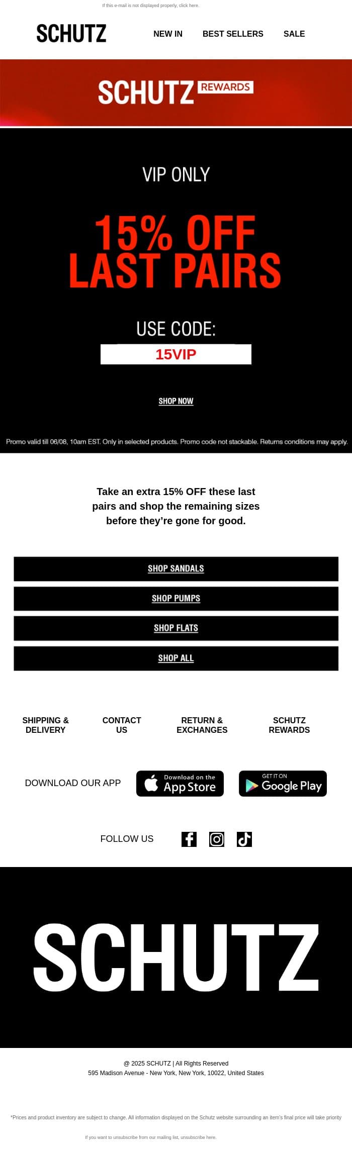 VIP Only: 15% OFF Last Pairs email from Schutz screenshot