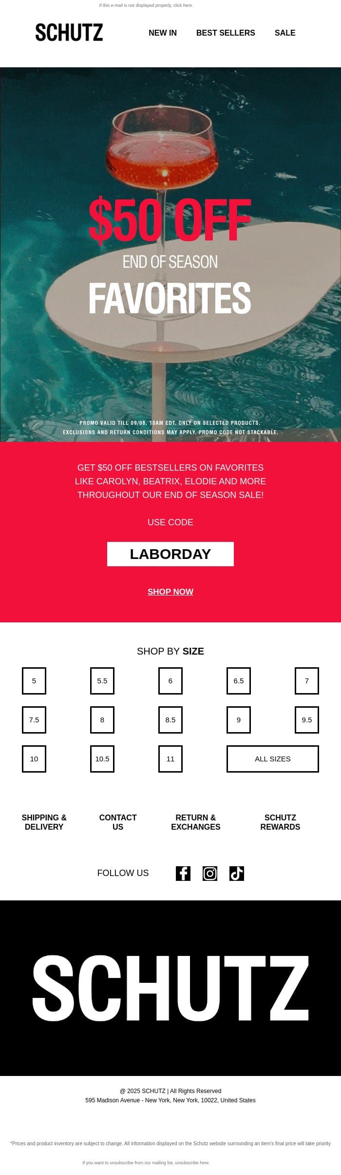 $50 OFF Schutz Faves! email from Schutz screenshot