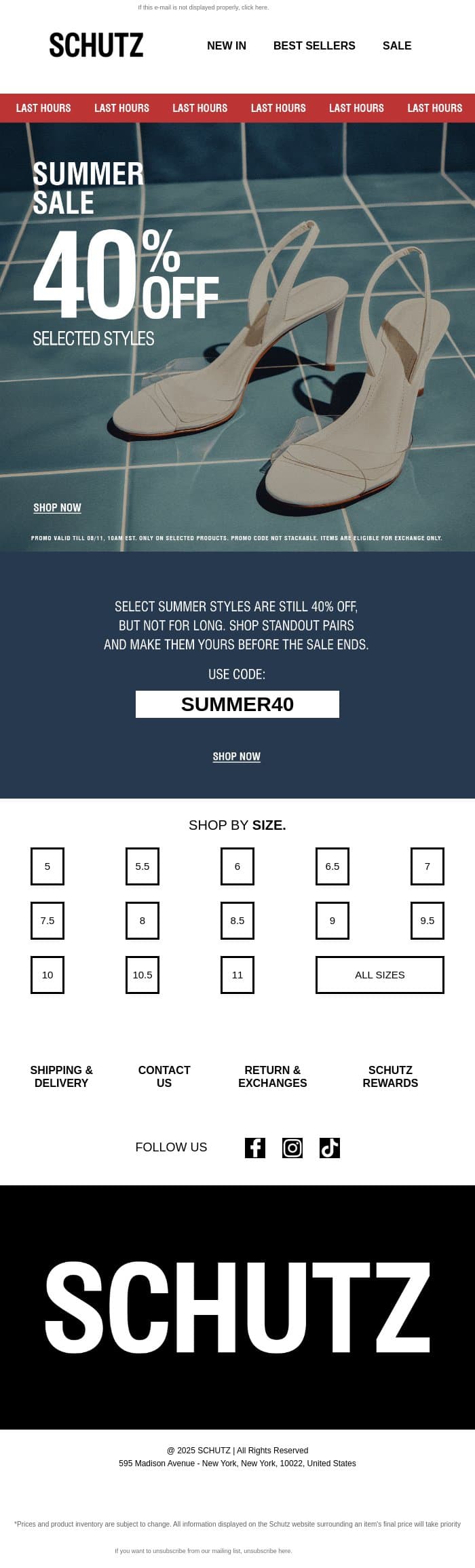Last Hours: 40% Off Select Styles email from Schutz screenshot