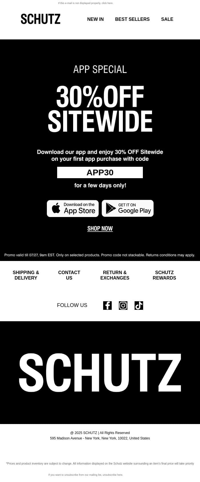 30% OFF sitewide, only in the app! email from Schutz screenshot