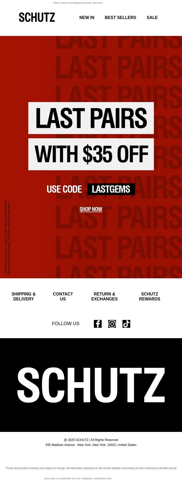 $35 OFF Last Pairs email from Schutz screenshot