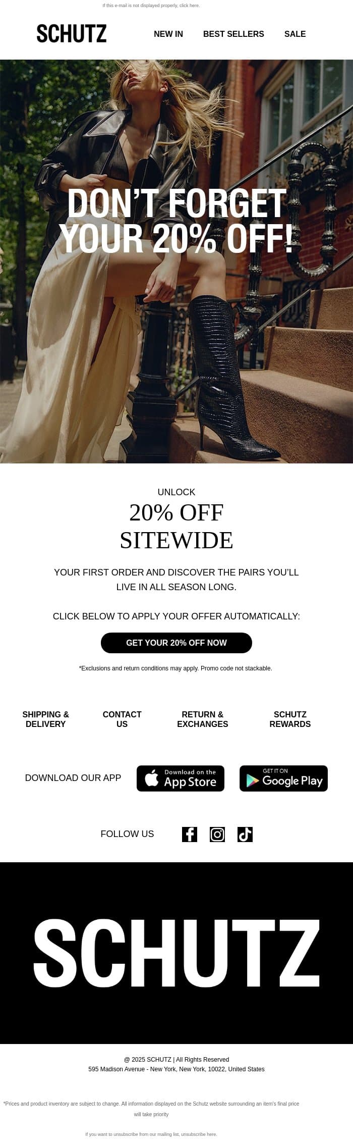 Don’t Forget: 20% OFF Sitewide for You email from Schutz screenshot