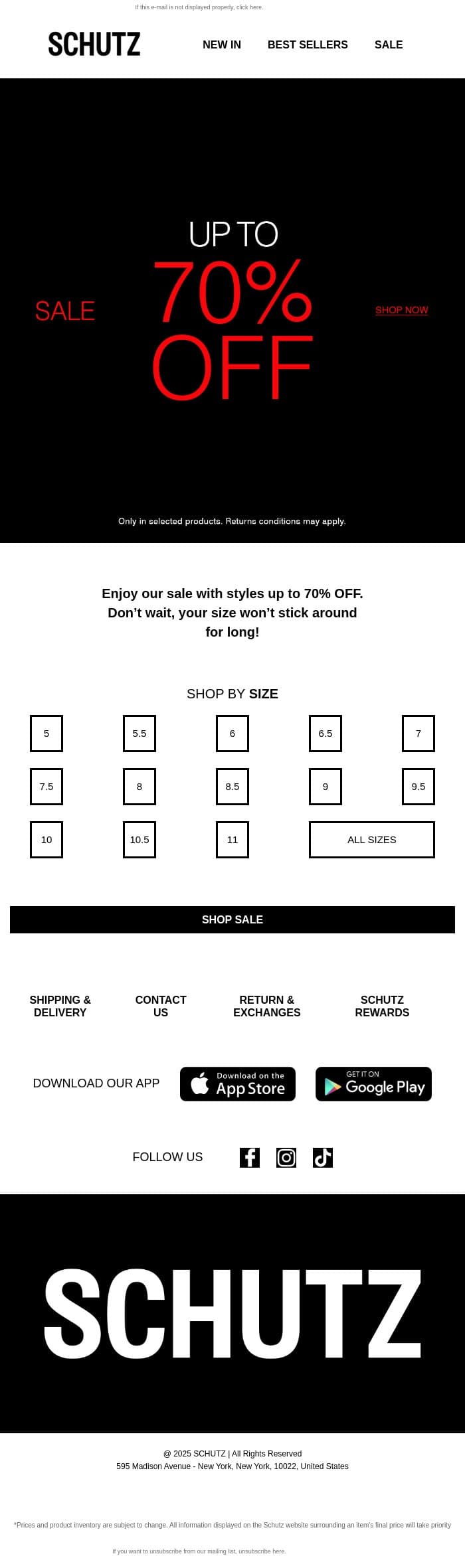 Up to 70% off sale email from Schutz screenshot