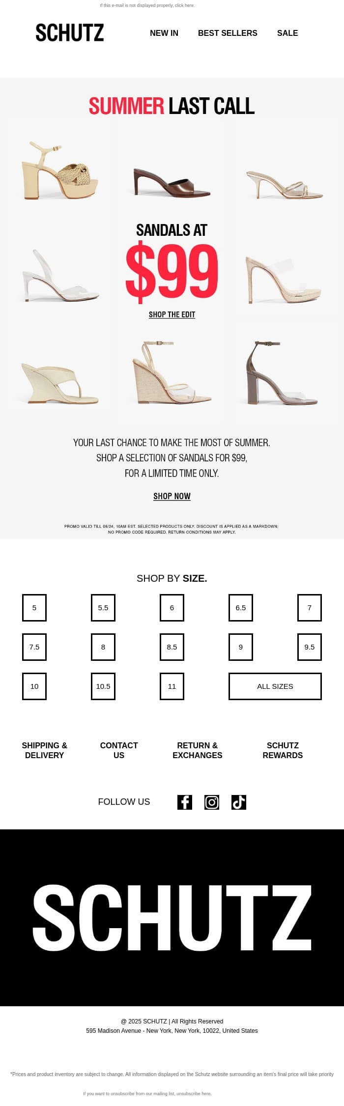 Last Call: Sandals at $99 email from Schutz screenshot