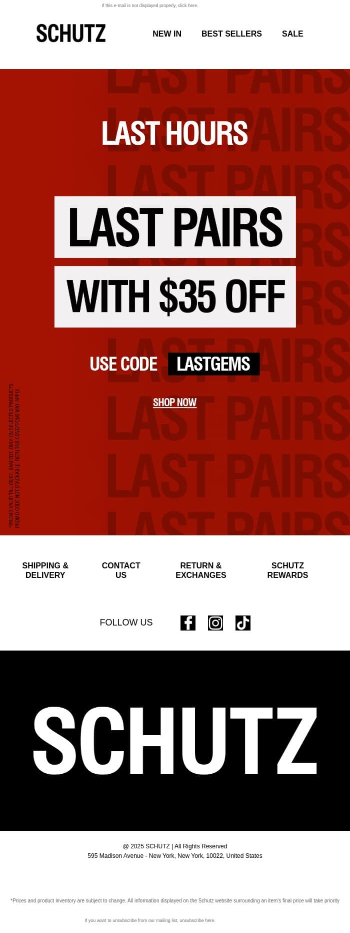 LAST HOURS: $35 OFF Last Pairs email from Schutz screenshot