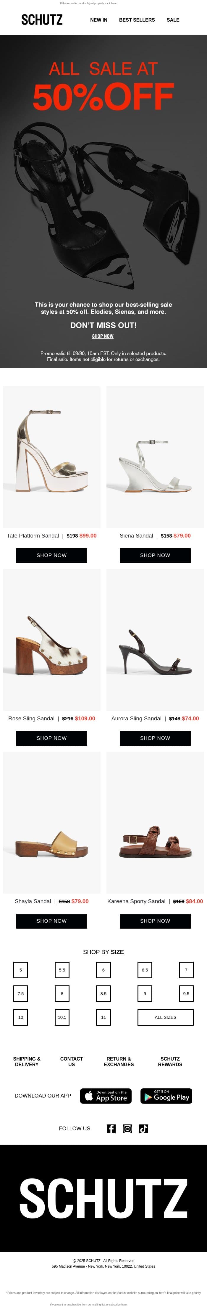 All sale at 50% OFF email from Schutz screenshot