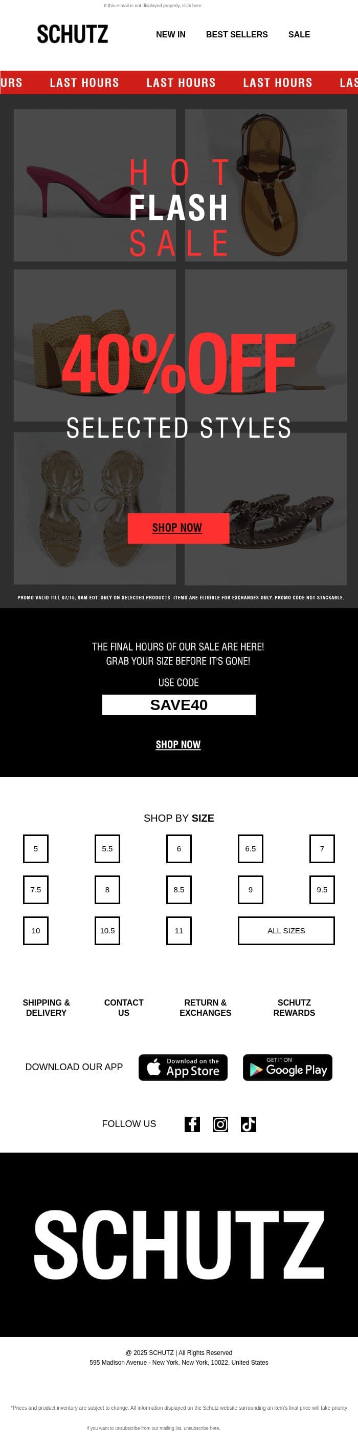 LAST HOURS: 40% OFF Selected Styles email from Schutz screenshot
