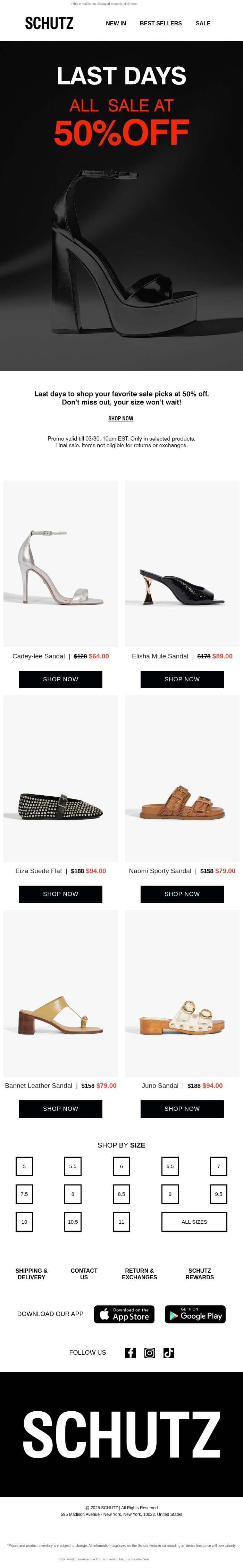 LAST DAYS: ALL sale at 50% OFF email from Schutz screenshot