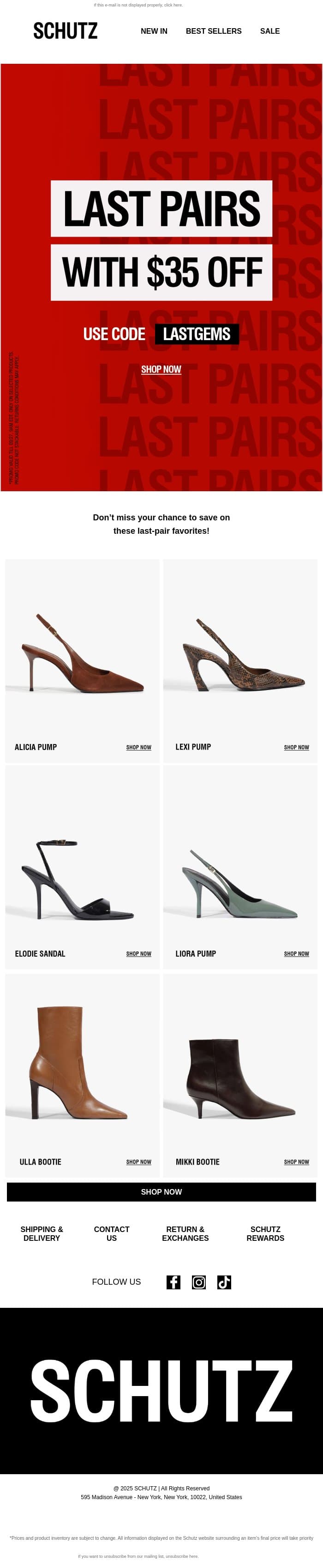 Save $35 on Last Pairs! email from Schutz screenshot