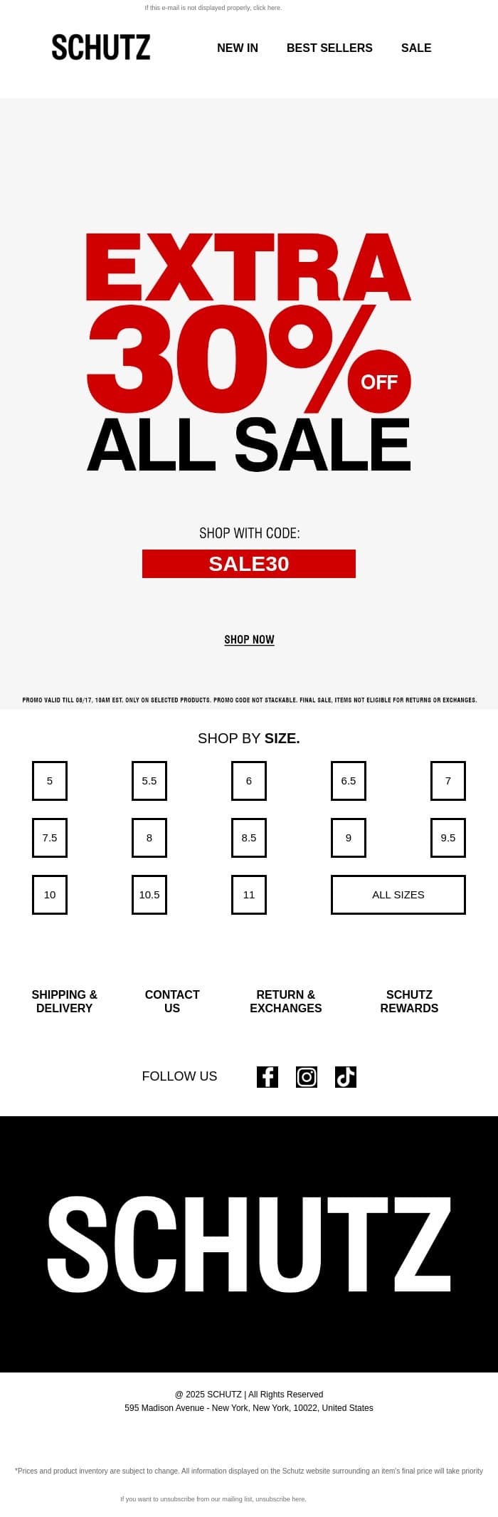 Last Hours: Extra 30% off Sale email from Schutz screenshot