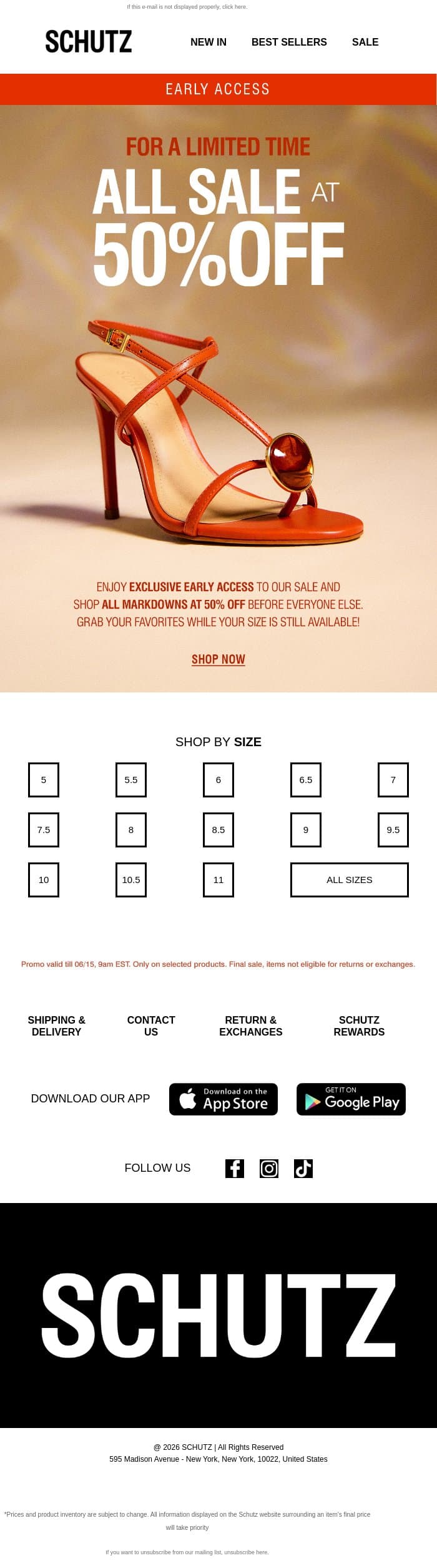Early VIP Access: All sale at 50% OFF email from Schutz screenshot