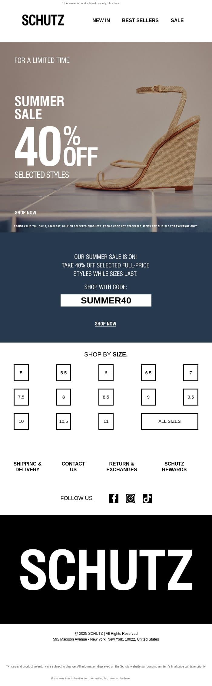 40% Off Select Summer Styles email from Schutz screenshot