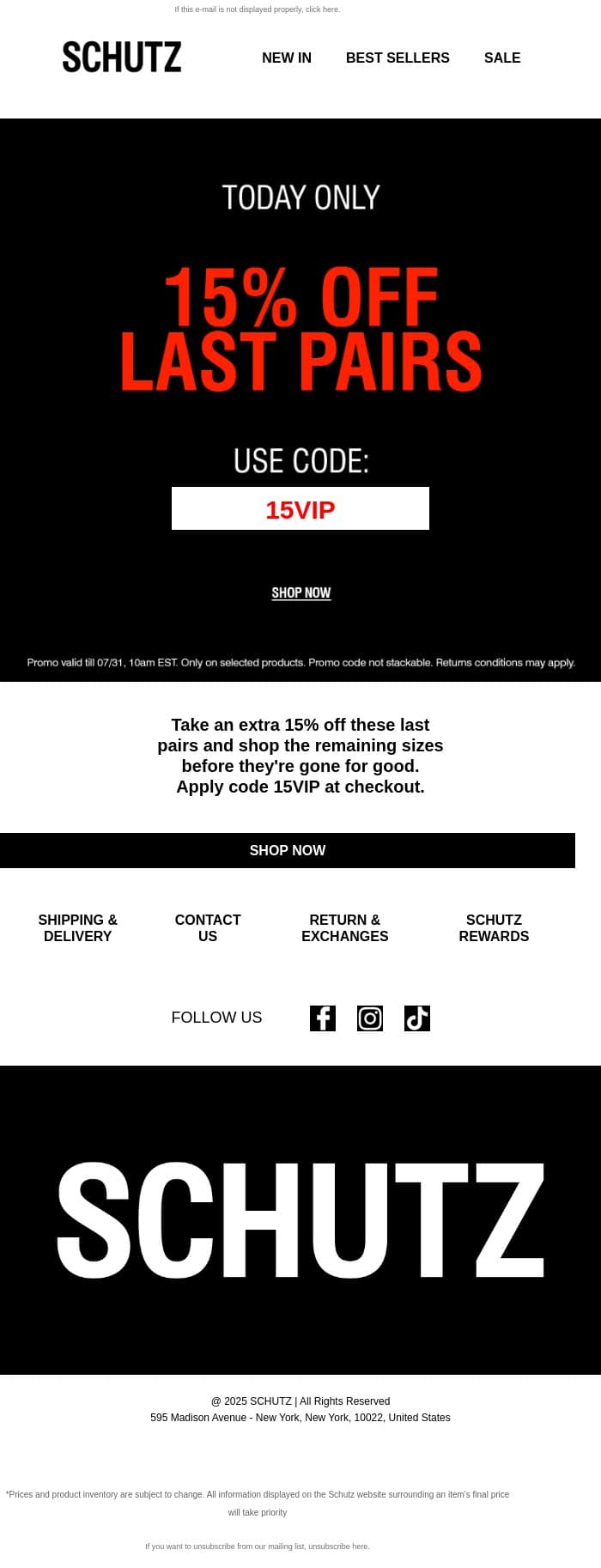 VIPs: 15% OFF Last Pairs! email from Schutz screenshot