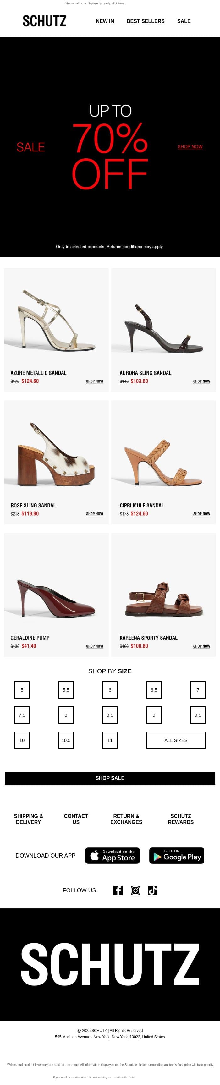 Up to 70% OFF sale email from Schutz screenshot