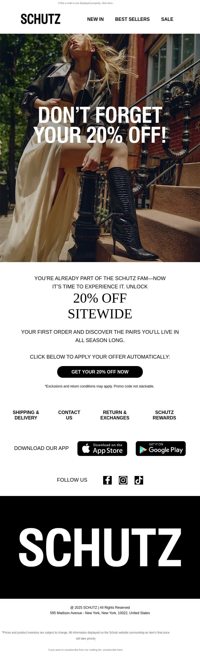 Don’t Forget Your 20% OFF! email from Schutz screenshot