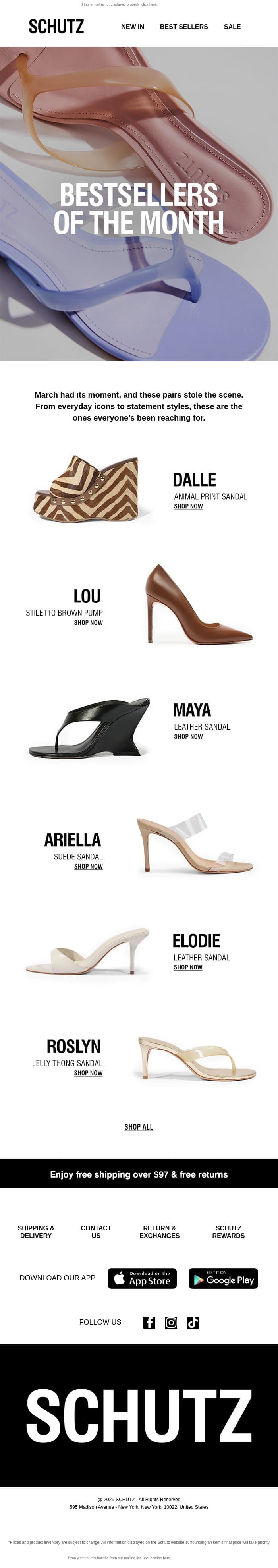 This Month’s Best Sellers email from Schutz screenshot
