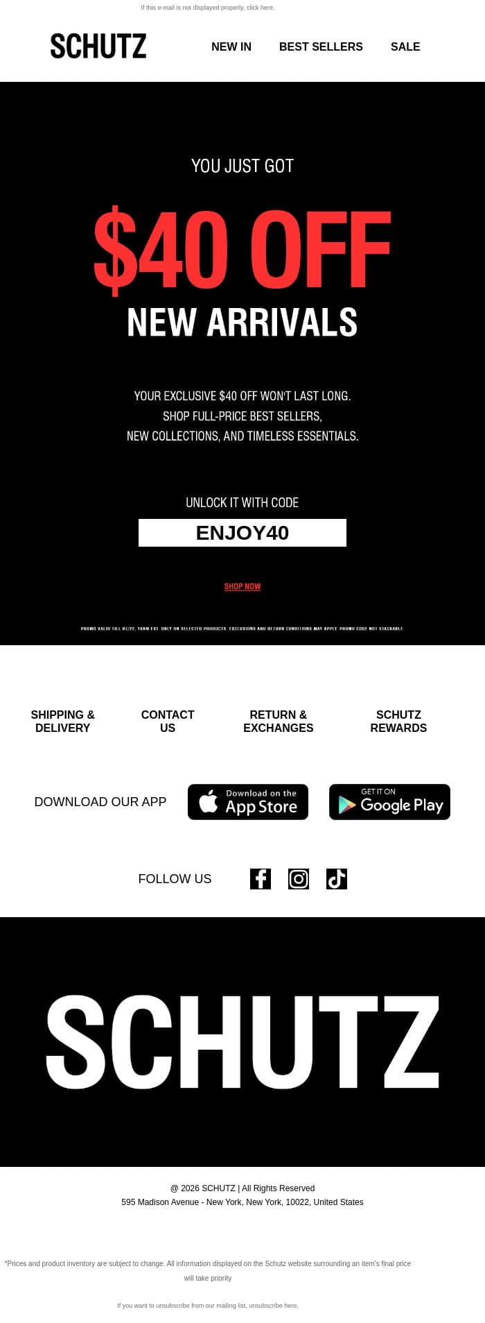 $40 OFF Full-Price Styles email from Schutz screenshot