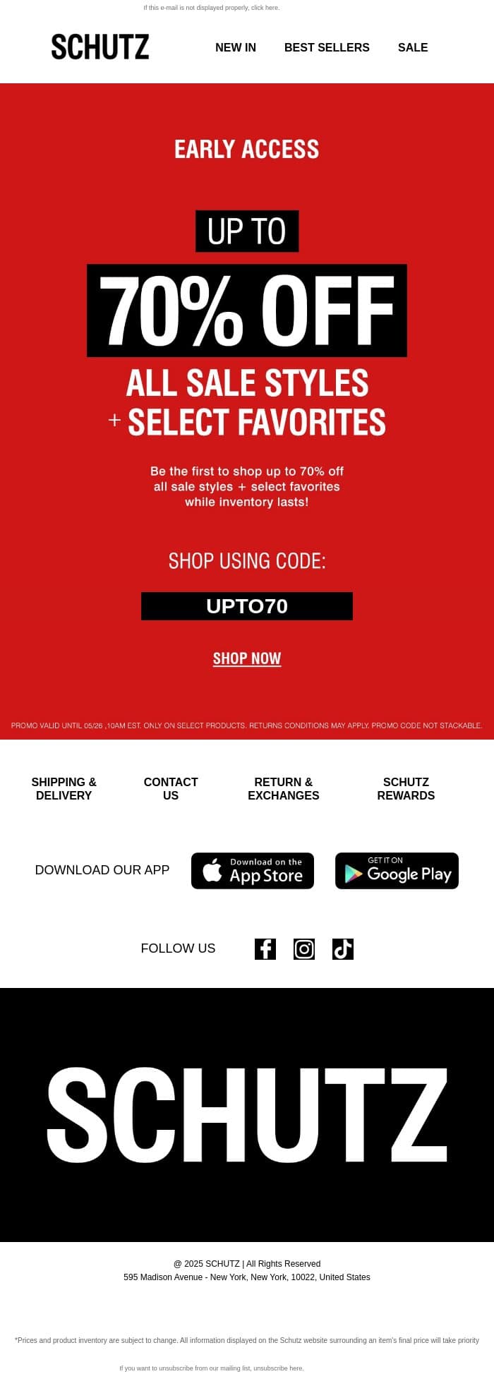 Early Access: Up to 70% OFF All Sale + Select Favorites email from Schutz screenshot