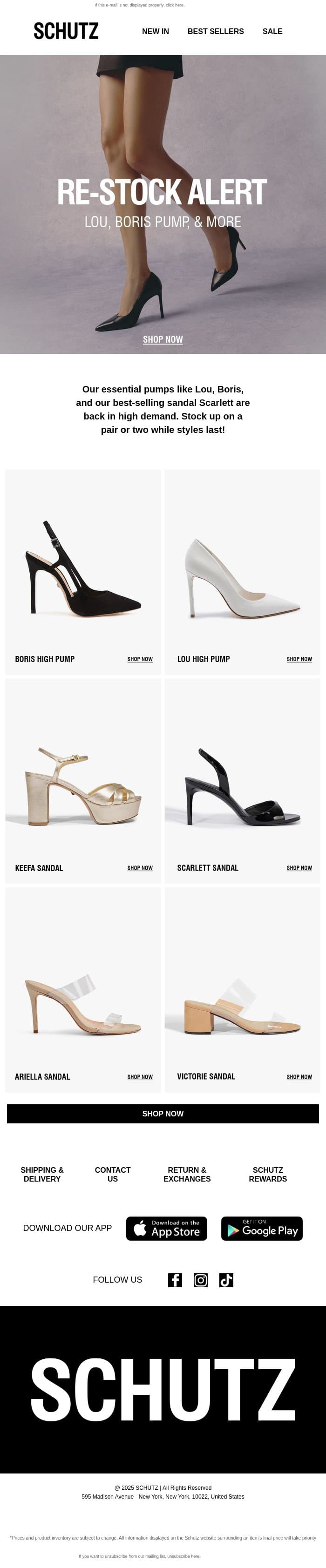 Re-Stock Alert: Lou, Boris Pump, & More email from Schutz screenshot