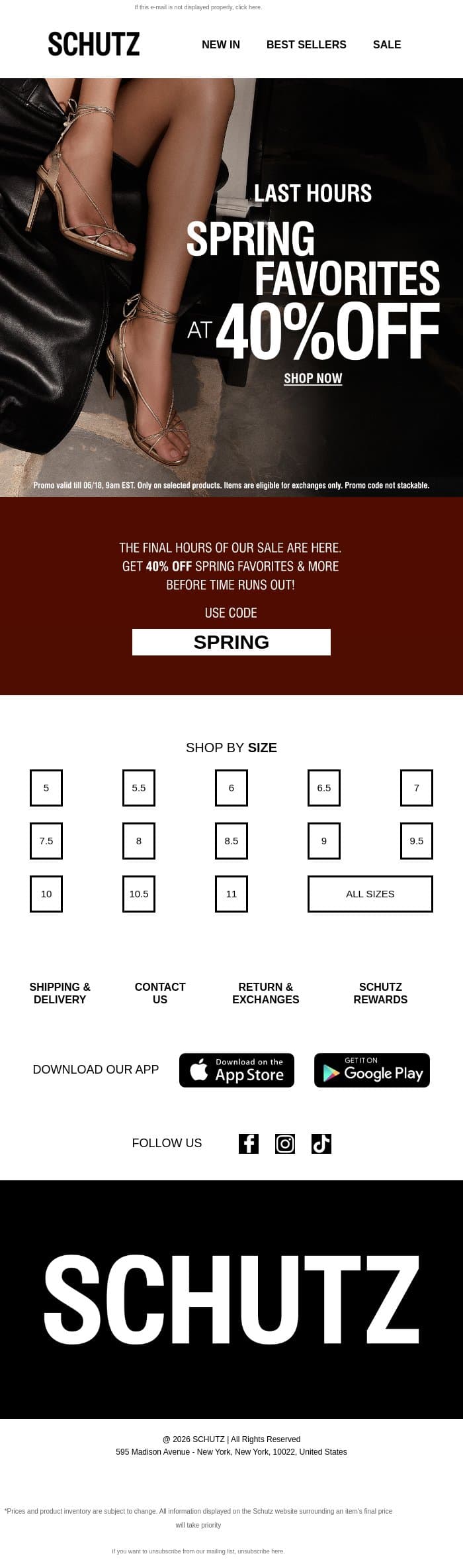 LAST HOURS: 40% OFF Spring Favorites email from Schutz screenshot