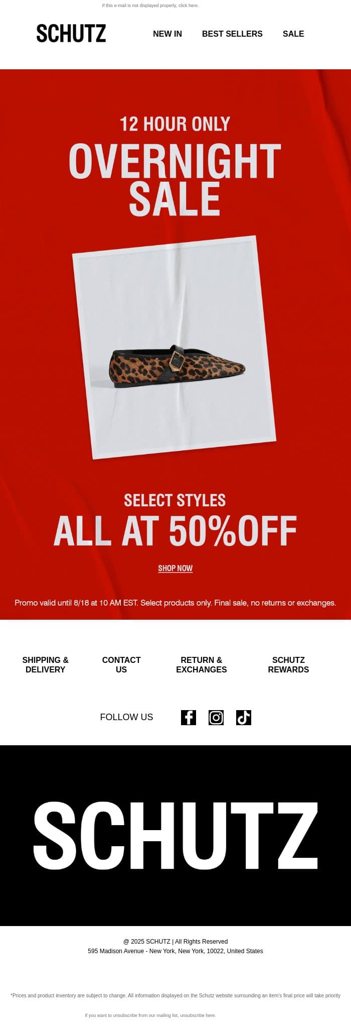 50% OFF. 12 Hours. email from Schutz screenshot