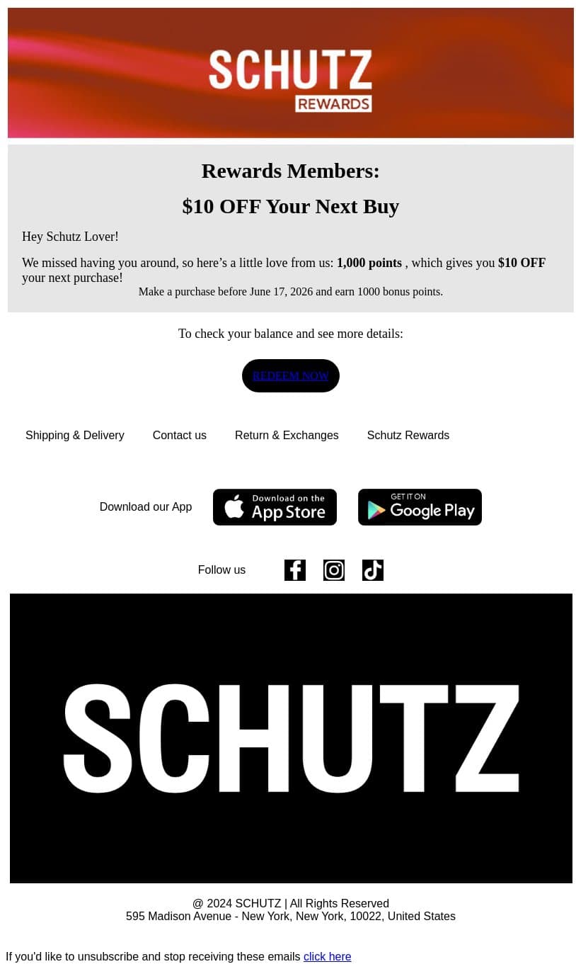Rewards Members: $10 OFF Your Next Buy email from Schutz screenshot