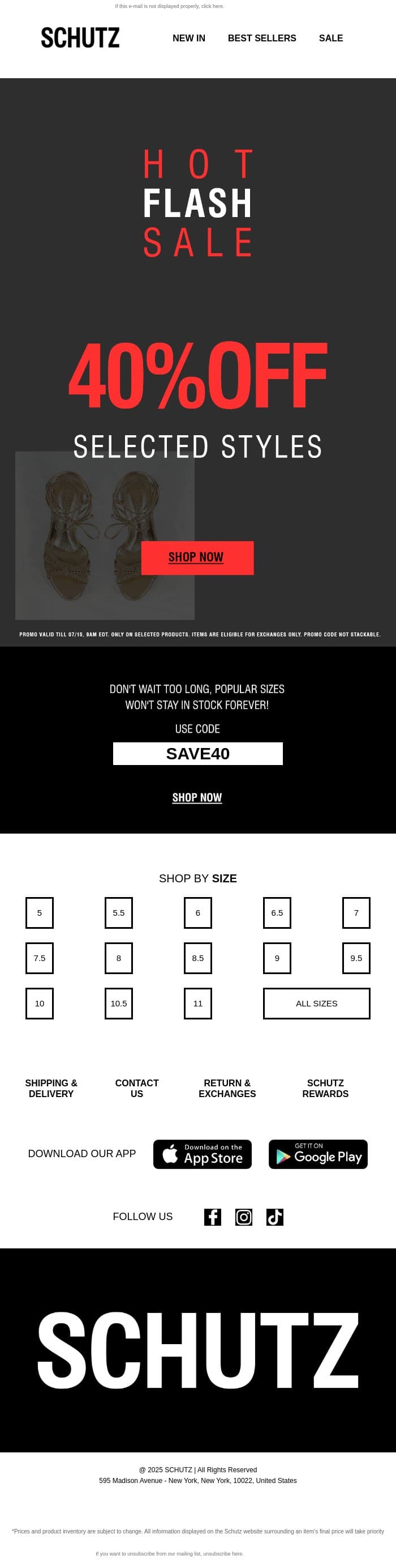 40% OFF Selected Styles email from Schutz screenshot