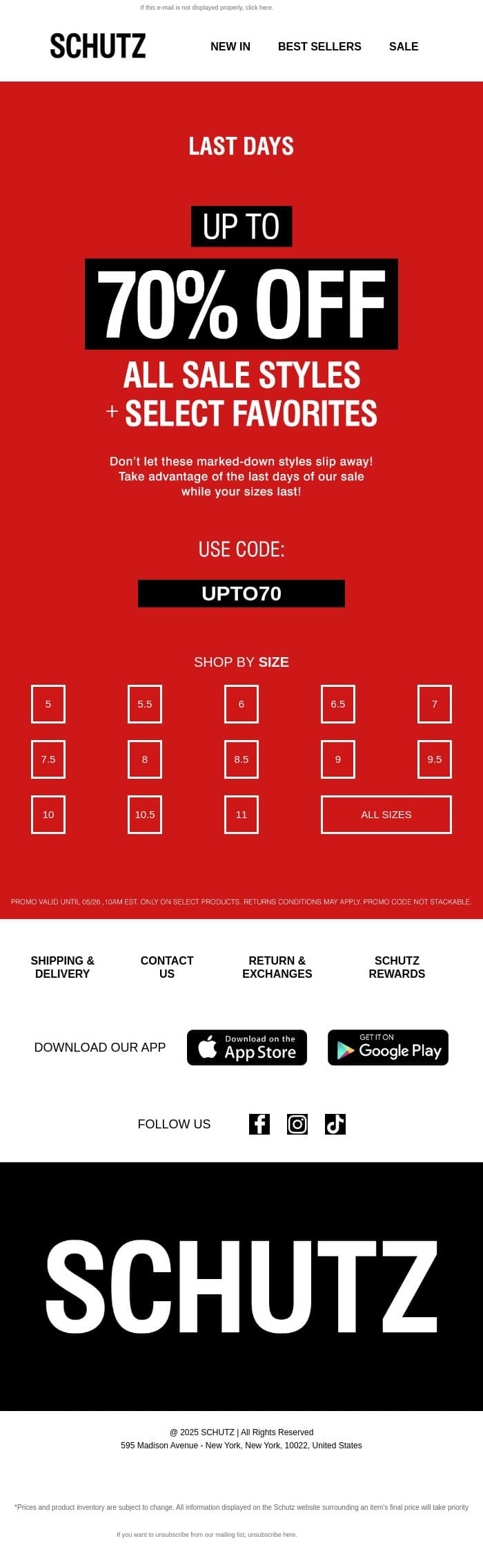 LAST DAYS: Up to 70% OFF All Sale email from Schutz screenshot