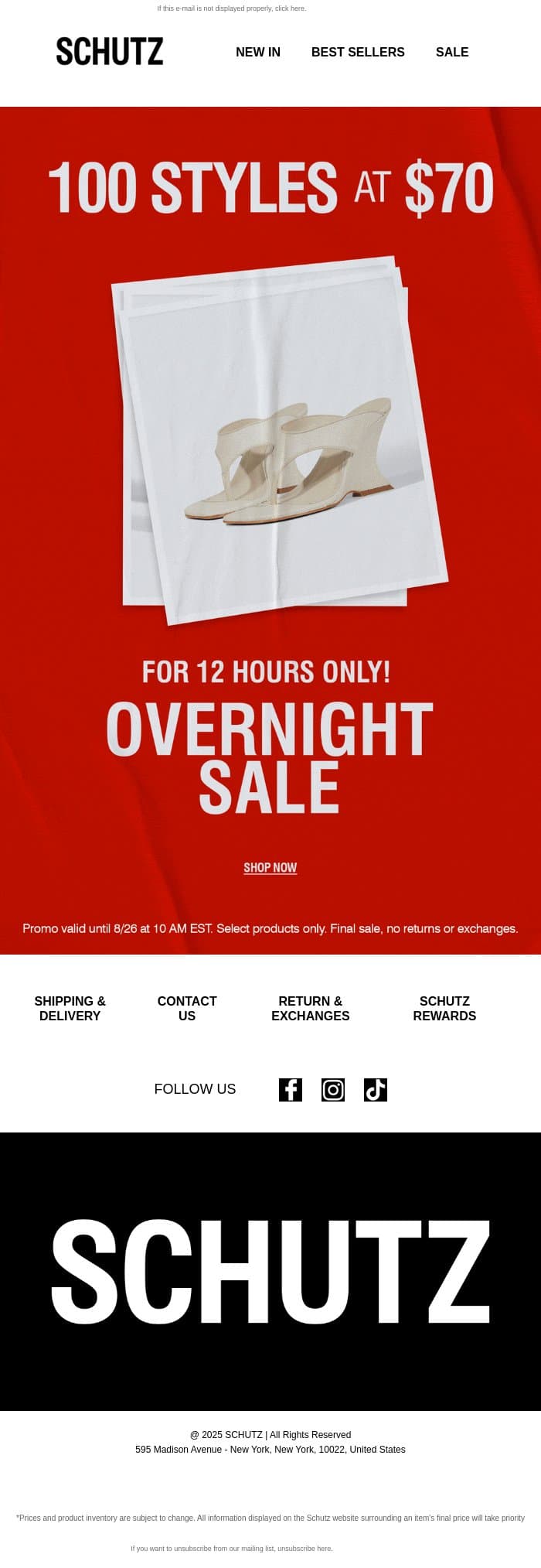 100 STYLES AT $70 email from Schutz screenshot