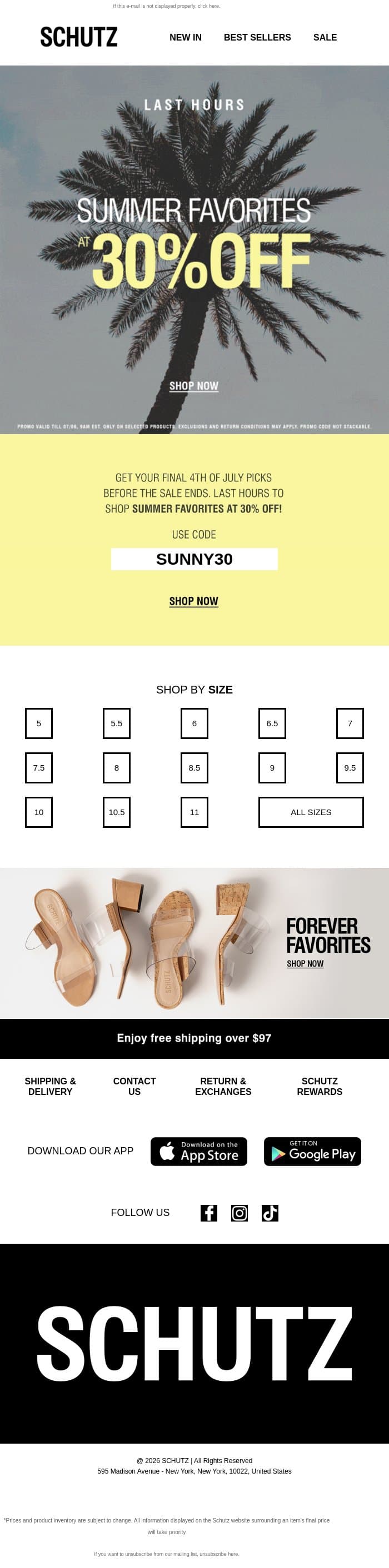 LAST HOURS: 30% OFF Summer Favorites email from Schutz screenshot