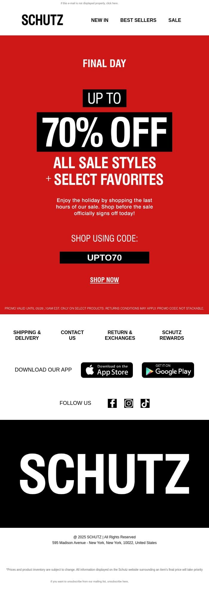 Ending Today: Up To 70% OFF All Sale email from Schutz screenshot