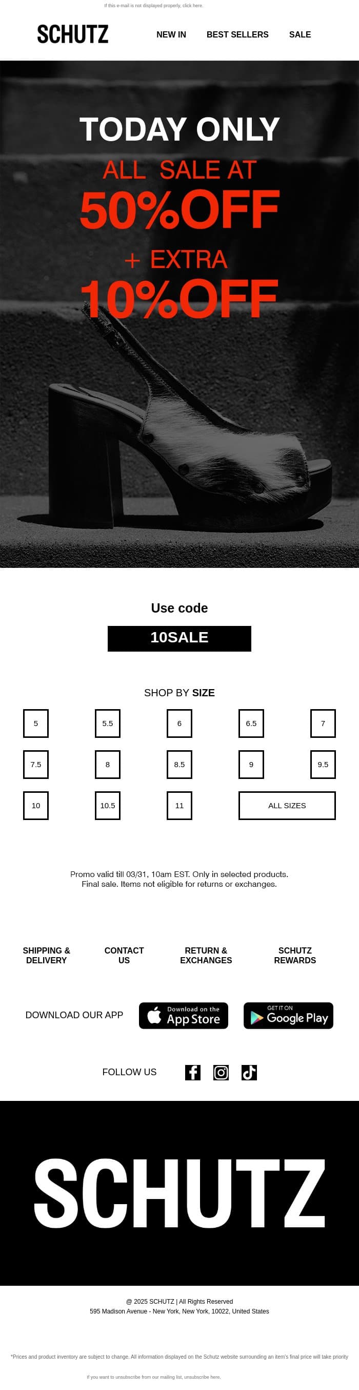 TODAY ONLY: Extra 10% Off email from Schutz screenshot