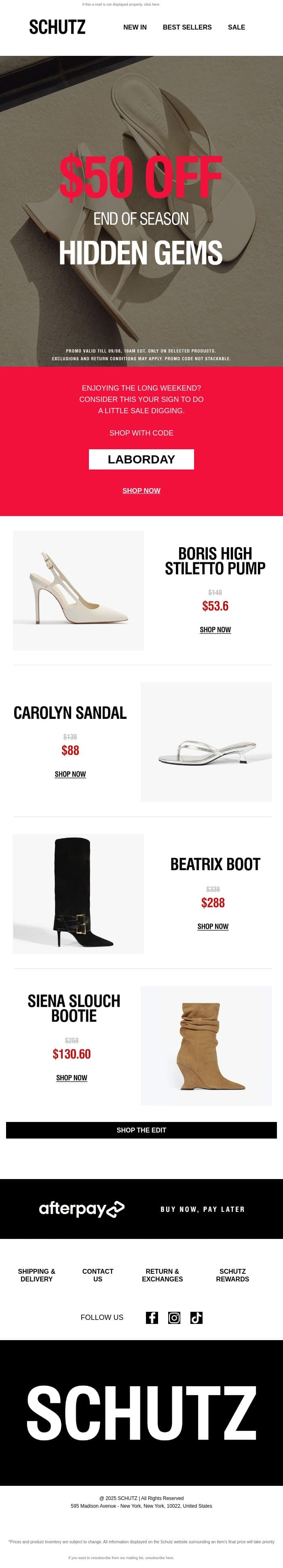 $50 OFF Schutz’s Hidden Gems email from Schutz screenshot