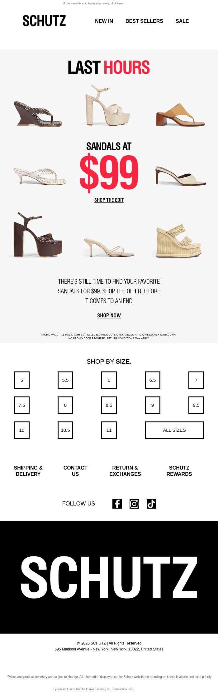 Last Hours: $99 Sandals email from Schutz screenshot