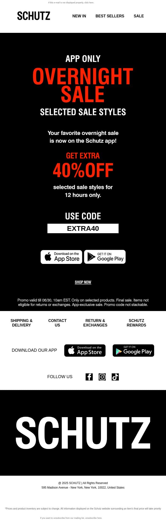 Extra 40% OFF for 12 hours! email from Schutz screenshot