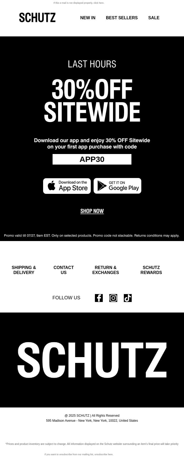 LAST HOURS: 30% OFF sitewide email from Schutz screenshot