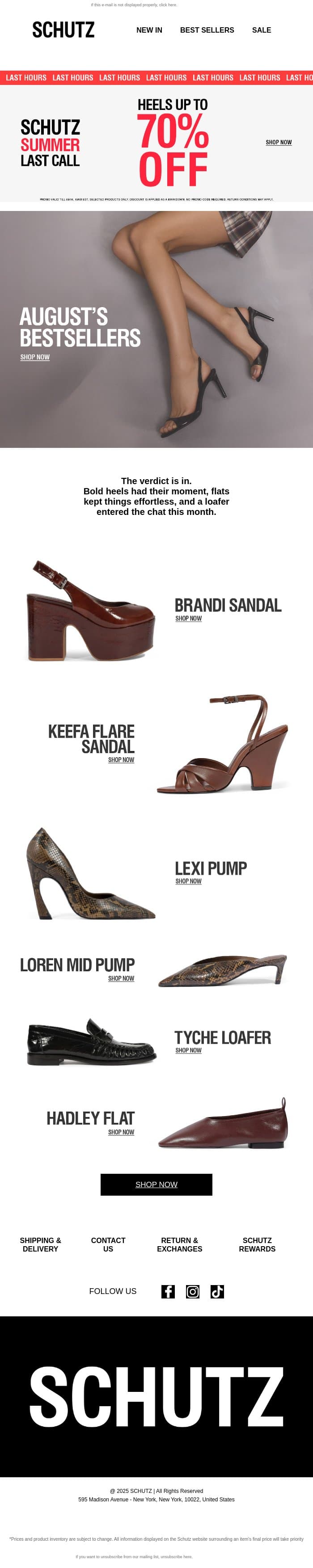 Schutz August’s Bestsellers email from Schutz screenshot