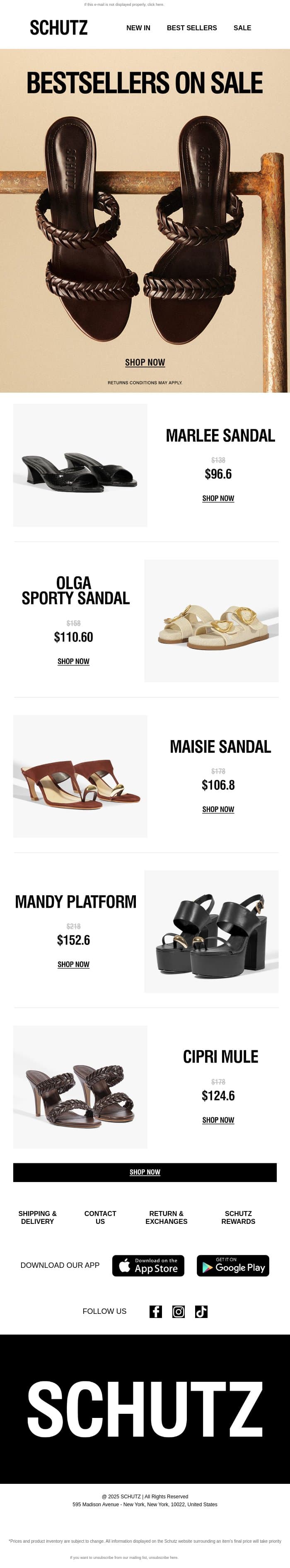 Bestsellers Now On Sale email from Schutz screenshot