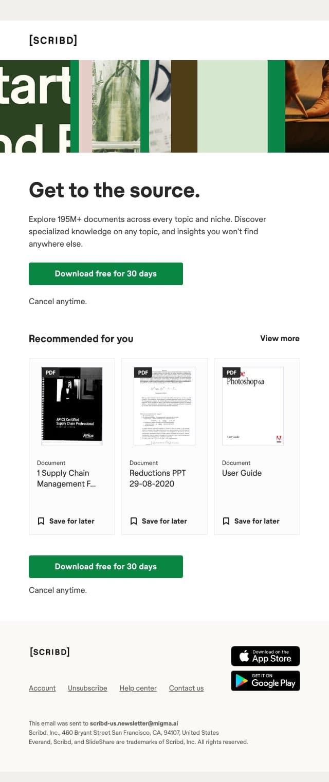 Your free trial is just 1 minute away. email from Scribd screenshot