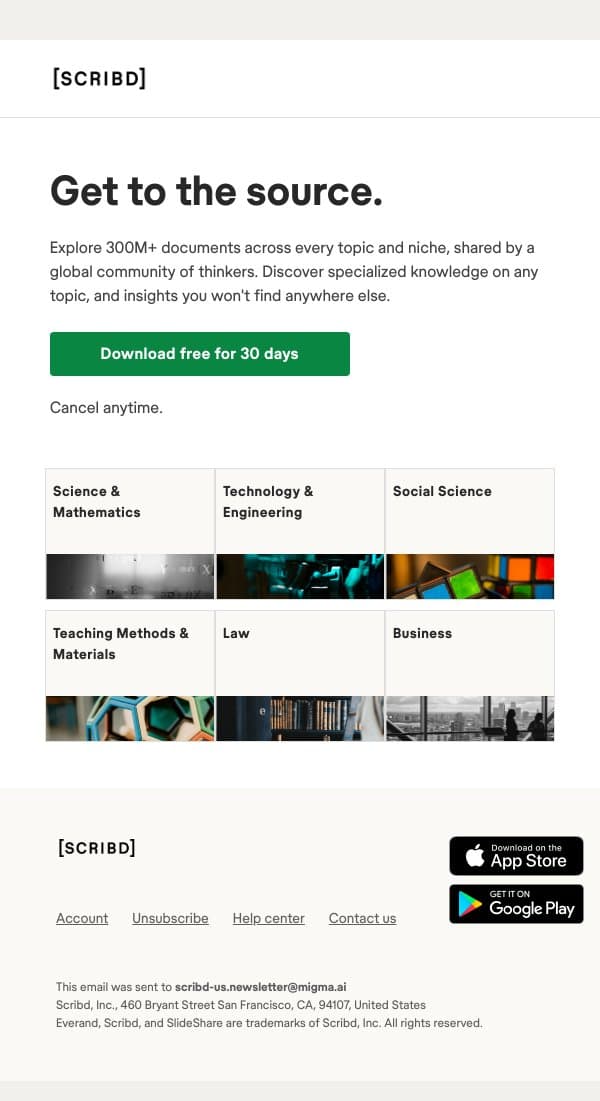 Explore and download 300M documents ad-free for 30 days! email from Scribd screenshot